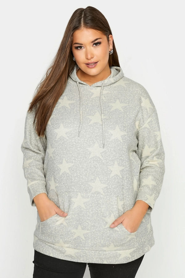 Büyük Beden Yıldız Baskılı Cepli Kapüşonlu Uzun Kollu Sweatshirt 300185 Vervegrand