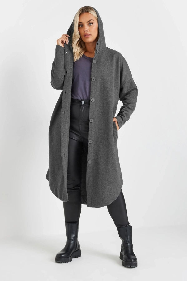 Büyük Beden Kapüşonlu Cepli Önü Düğme Kapamalı Uzun Ceket 303762 Vervegrand
