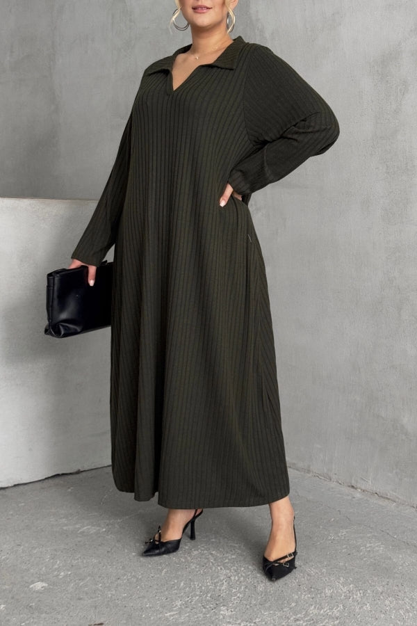 Büyük Beden V Yaka Uzun Kollu Fitilli Eteği Bollaşan Uzun Elbise 322182 Vervegrand