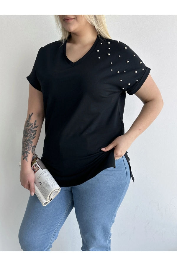 Büyük Beden Kısa Kollu V Yaka Yanları Yırtmaçlı Boncuklu Basic T-shirt RFT-04 Vervegrand