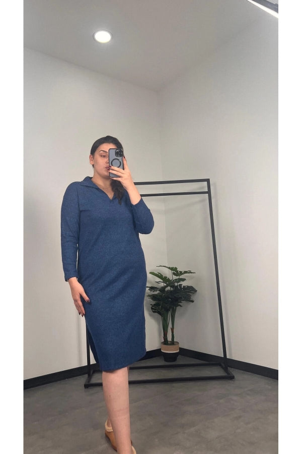 Büyük Beden Polo Yaka Yırtmaç Detaylı Midi Boy Triko Elbise 301514 Vervegrand