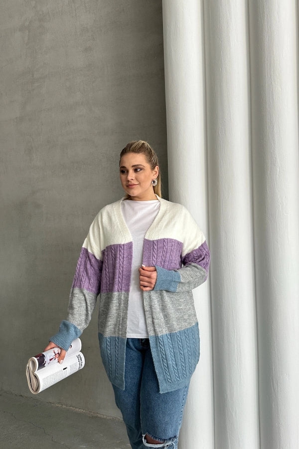 Büyük Beden Uzun Kollu Önü Kapamasız Renk Bloklu Triko Hırka 302148 Vervegrand