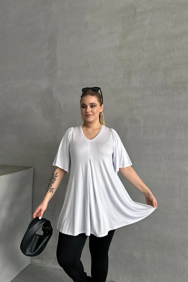 Büyük Beden V Yaka Desensiz Asimetrik Kesim Likralı Bluz MDL-2 Vervegrand