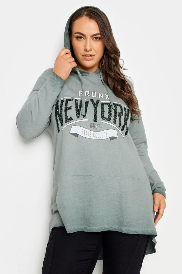 Büyük Beden Uzun Kollu Arkası Uzun Baskılı Yıkamalı Kapüşonlu Sweatshirt 302683 Vervegrand