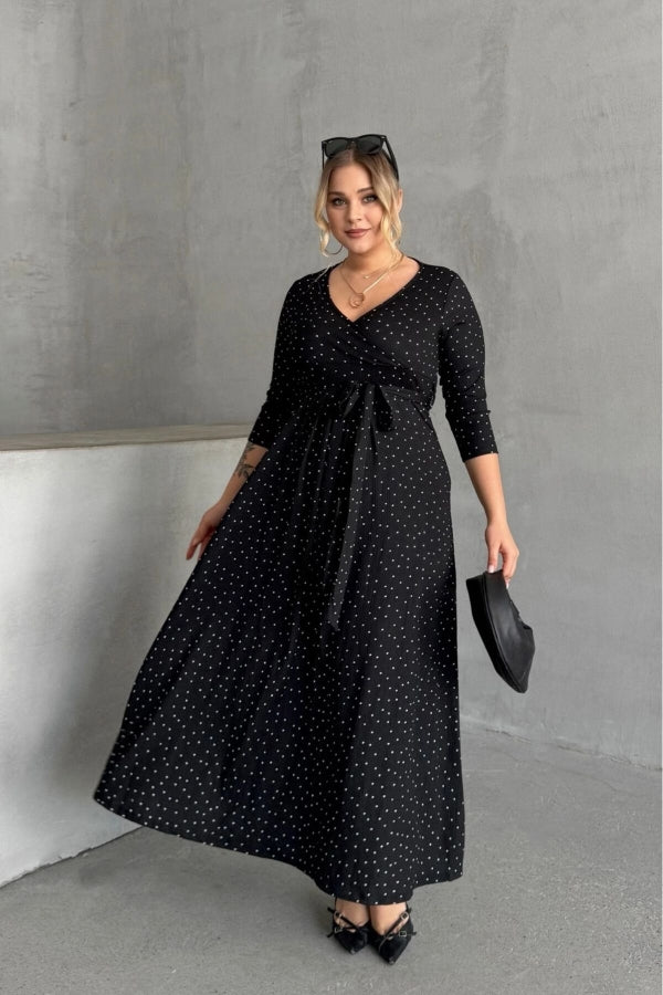 Büyük Beden V Yaka Yarım Kollu Kuşaklı Puantiye Desenli Elbise 302639 Vervegrand