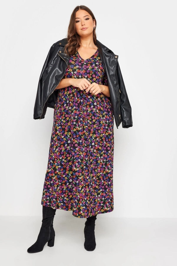 Büyük Beden V Yaka Desenli Yarım Kollu Cepli Elbise 302743 Vervegrand