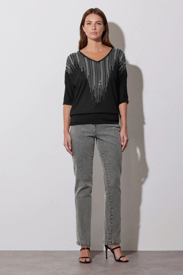 V Yaka Yarım Kollu Yakası Taş İşlemeli Beli Lastikli Omuz Detaylı Bluz 110690 Vervegrand