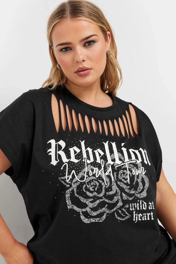 Büyük Beden Bisiklet Yaka Yırtık Detaylı Kısa Kollu Baskılı T-shirt 322124 Vervegrand