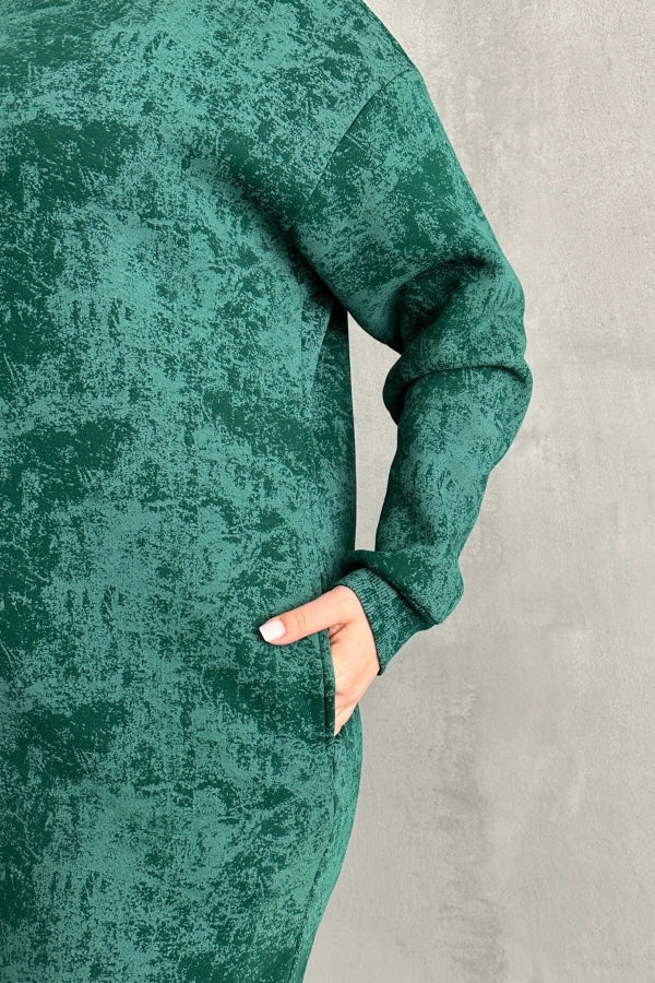 Büyük Beden Uzun Kollu Bisiklet Yaka Cepli Desenli Elbise 106-77 Vervegrand