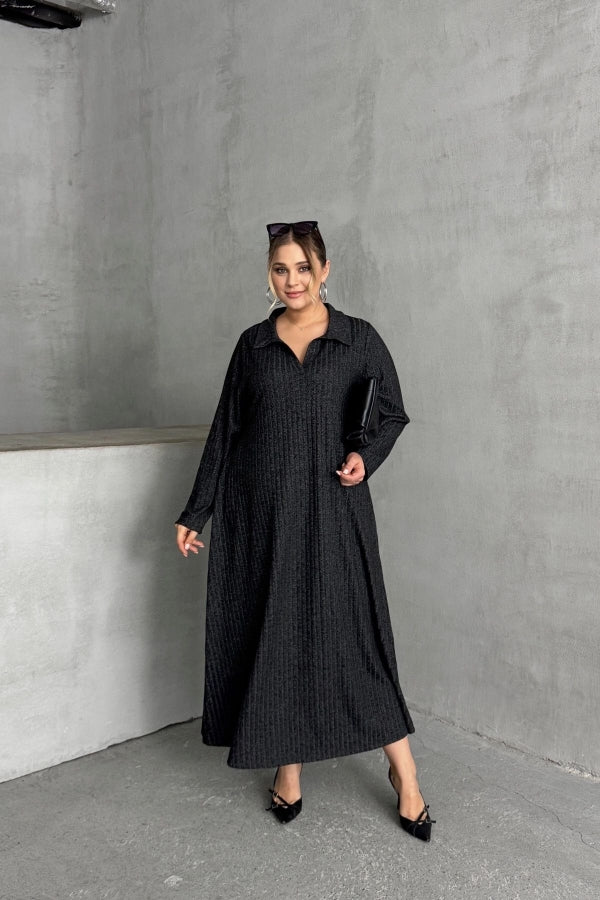 Büyük Beden V Yaka Uzun Kollu Fitilli Eteği Bollaşan Uzun Elbise 322181 Vervegrand