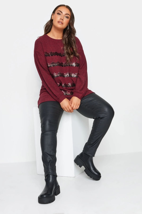 Büyük Beden Bisiklet Yaka Payet İşlemeli Uzun Kol Bluz 285021 Vervegrand