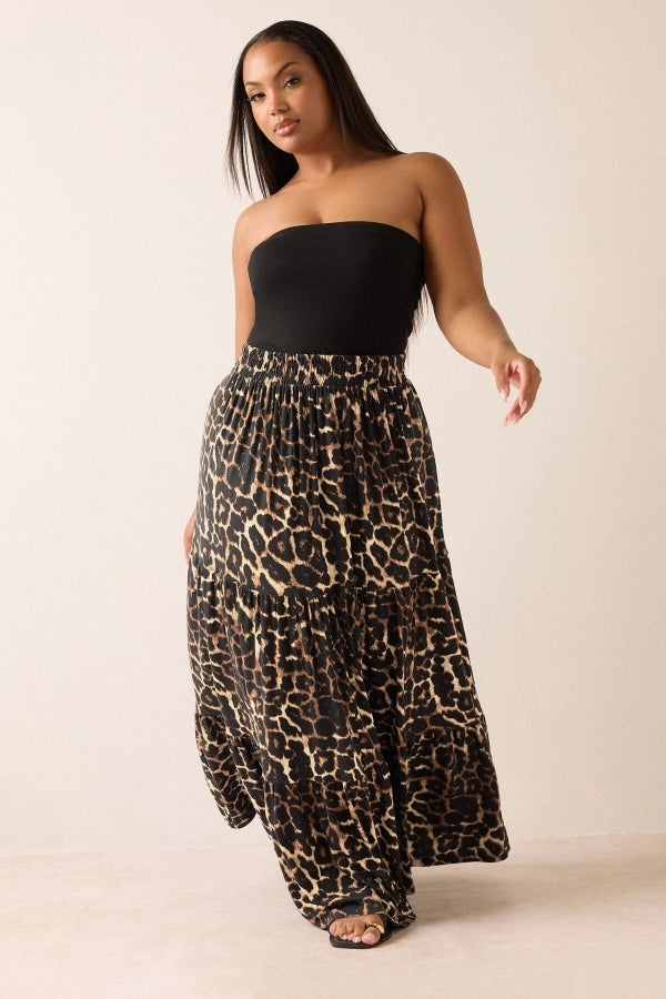 Büyük Beden Bürümcük Kumaş Leopar Desenli Beli Lastikli Etek 304237 Vervegrand