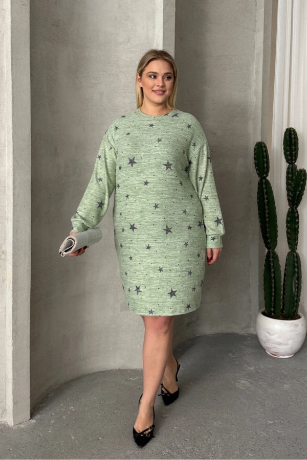 Büyük Beden Uzun Kollu Bisiklet Yaka Yıldız Desenli Esnek Elbise 84-158 Vervegrand