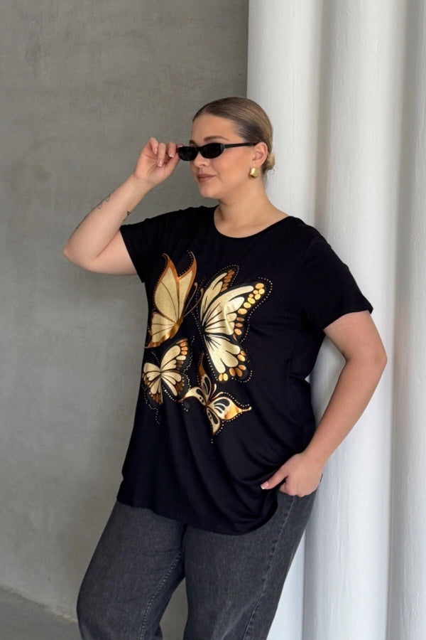 Büyük Beden Kelebek Baskılı Parlak Simli T-shirt 302275 Vervegrand