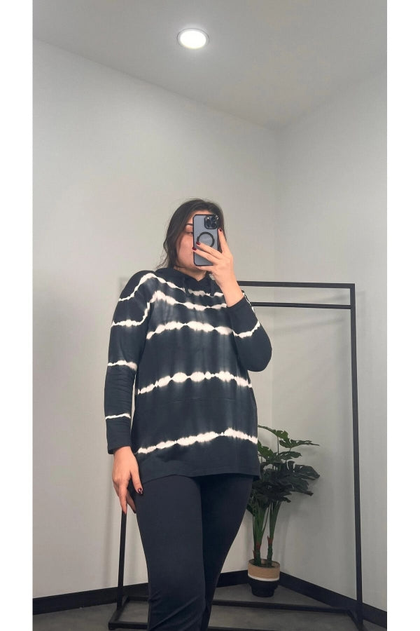 Büyük Beden Uzun Kollu Arkası Uzun Baskılı Kapüşonlu Sweatshirt 301588 Vervegrand