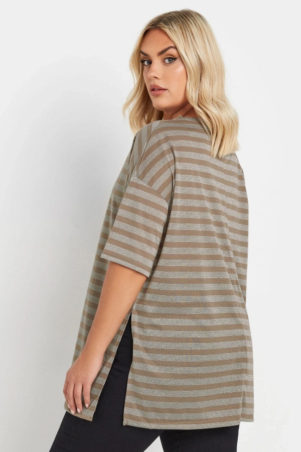 Büyük Beden Bisiklet Yaka Kısa Kollu Çizgili Yanları Yırtmaçlı T-shirt 303612 Vervegrand