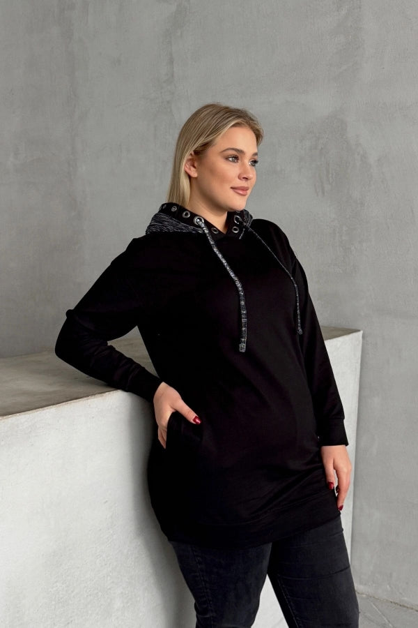 Büyük Beden Uzun Kollu Kapüşonu Desenli Cepli Sweatshirt 106-92 Vervegrand