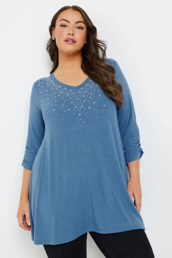 Büyük Beden V Yakası Taş İşlemeli Kolları Büzgülü Bluz 322297 Vervegrand