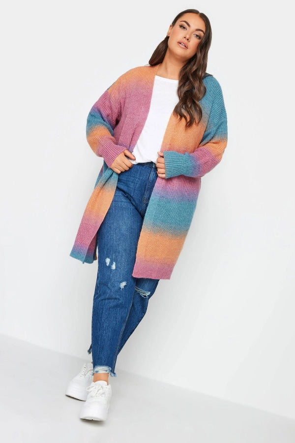 Büyük Beden Renk Geçişli Uzun Kollu Midi Boy Triko Hırka 302313 Vervegrand