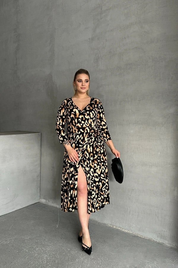 Büyük Beden Yarım Kollu V Yaka Kemer Detaylı Leopar Desenli Elbise 100-92 Vervegrand