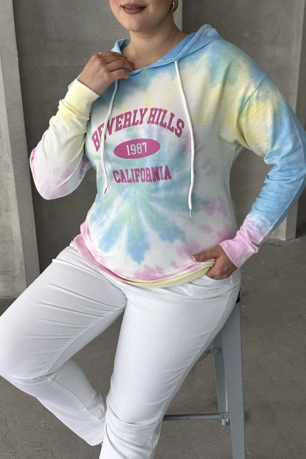 Büyük Beden Batik Desenli Kapüşonlu Baskılı İnce Sweatshirt 303144 Vervegrand
