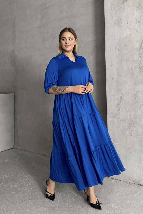 Büyük Beden V Yaka Yarım Kollu Beli Lastikli Uzun Elbise 302149 Vervegrand