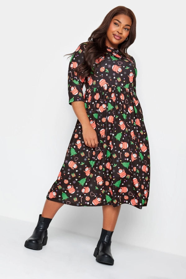 Büyük Beden Yılbaşı Temalı Bisiklet Yaka Yarım Kollu Maxi Boy Elbise 215927 Vervegrand