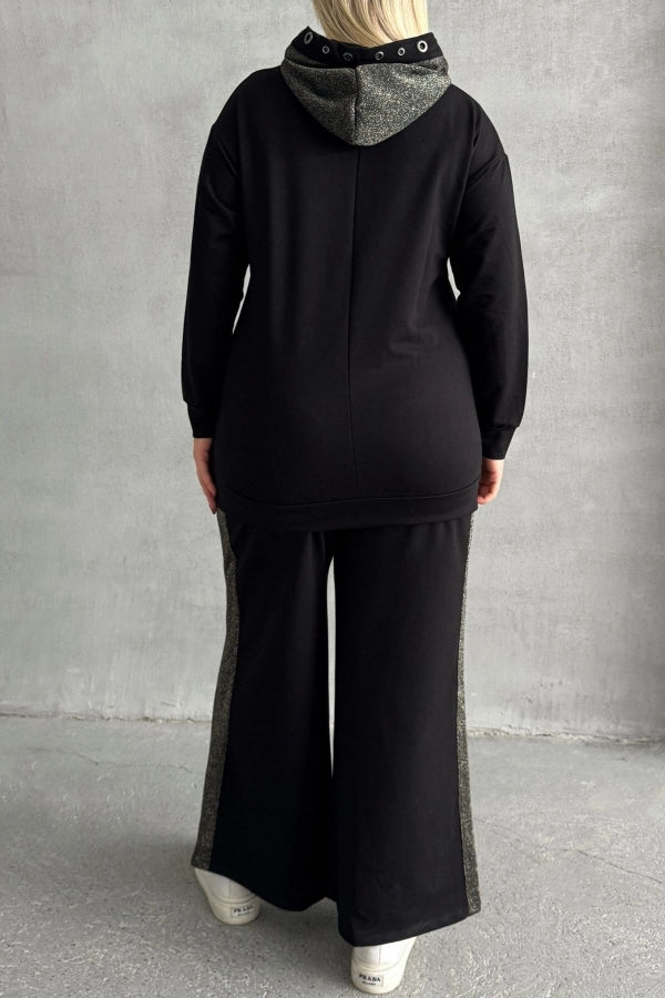 Büyük Beden Uzun Kollu Kapüşonu Desenli Beli Lastikli Sweatshirt 106-73 Vervegrand