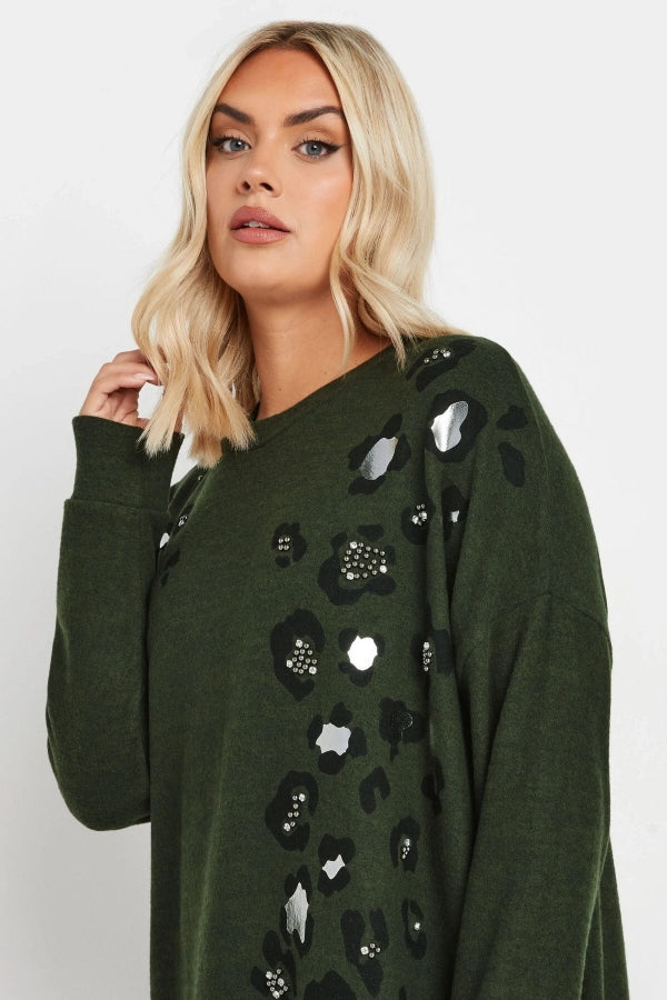 Büyük Beden Yumuşak Dokulu Leopar Baskılı Uzun Kollu Kazak 322222 Vervegrand