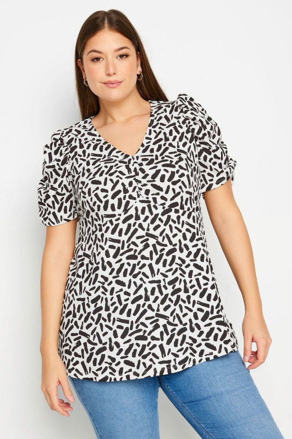 Büyük Beden V Yaka Kolları Drapeli Kısa Kollu Desenli Bluz 321725 Vervegrand
