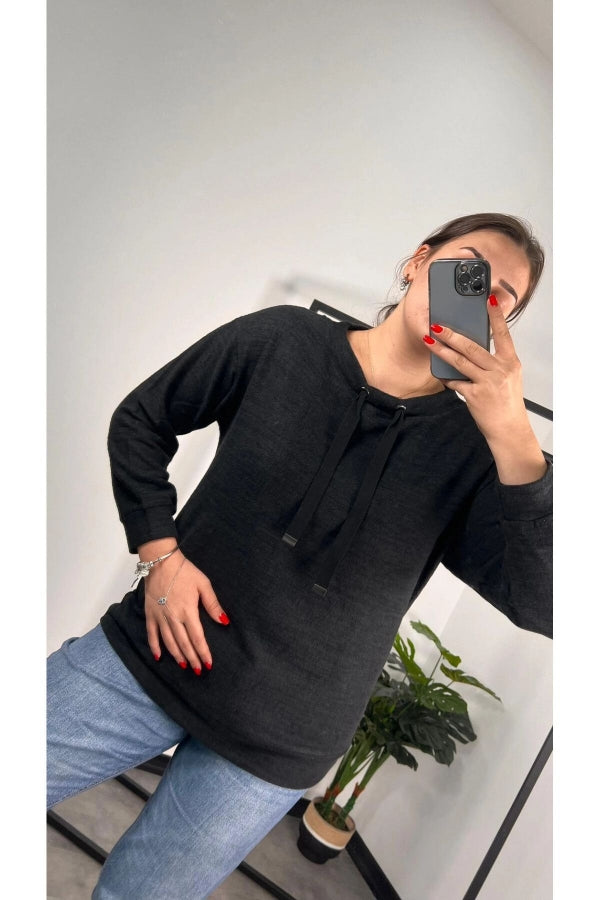 Büyük Beden Kapüşonsuz Yakası Bağcıklı Uzun Kollu Sweatshirt 301520 Vervegrand