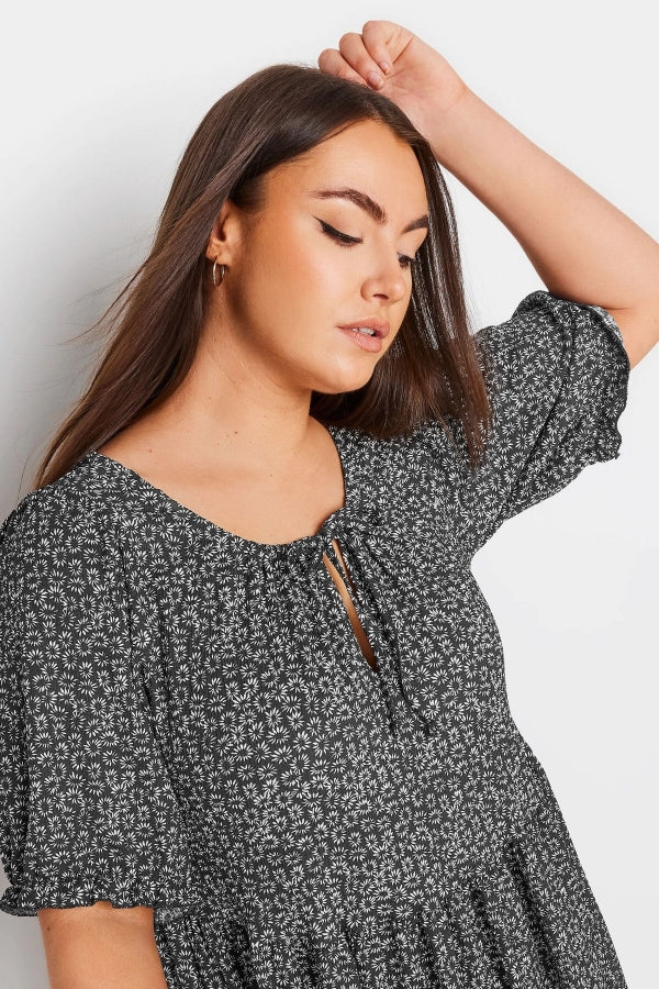 Büyük Beden Bağlama Detaylı Kolları Fırfırlı Çiçek Desenli Elbise 303187 Vervegrand