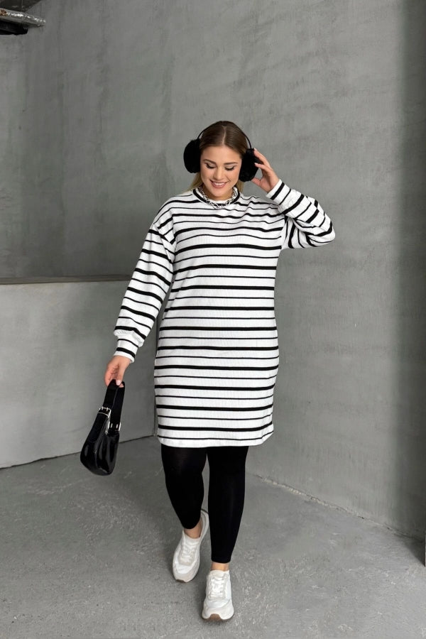 Büyük Beden Bisiklet Yaka Uzun Kollu Bileği Lastikli Çizgili Elbise 303062 Vervegrand