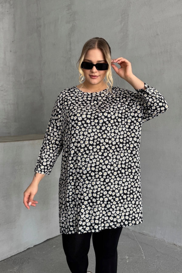 Büyük Beden Bisiklet Yaka Fakir Kol Yırtmaç Detaylı Çiçek Desenli Bluz 173292 Vervegrand