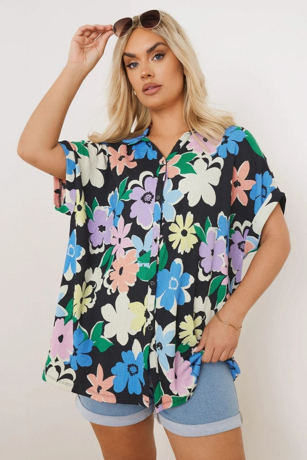 Büyük Beden Önü Düğmeli Kısa Kollu Çiçek Desenli Gömlek 303964 Vervegrand