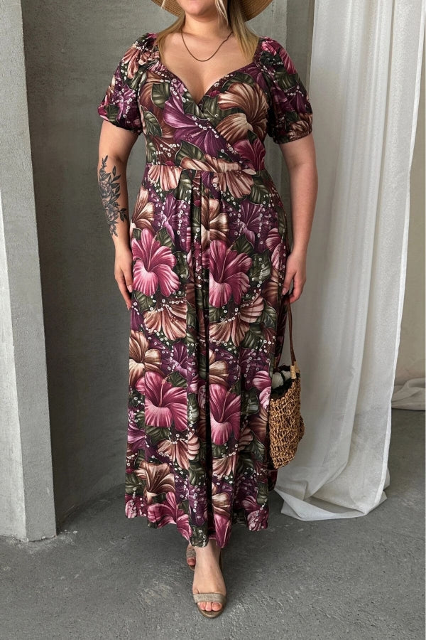 Büyük Beden Kısa Kollu Prenses Yaka Çiçek Desenli Maxi Elbise 74-80 Vervegrand