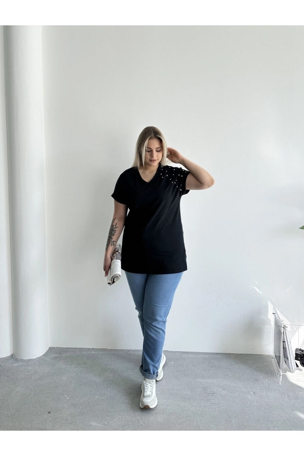 Büyük Beden Kısa Kollu V Yaka Yanları Yırtmaçlı Boncuklu Basic T-shirt RFT-04 Vervegrand