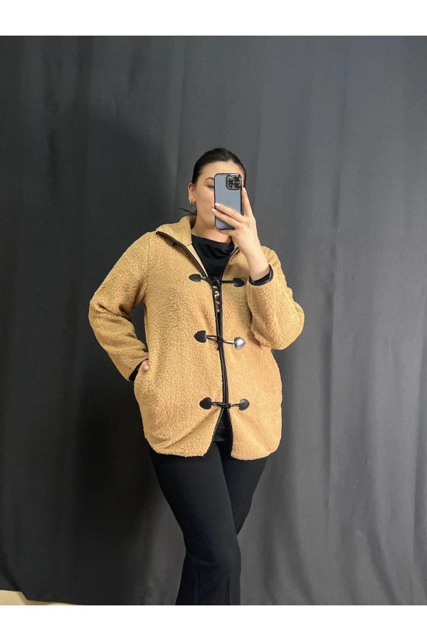 Büyük Beden Önü Kapamalı Cepli Uzun Kollu Peluş Mont 301817 Vervegrand