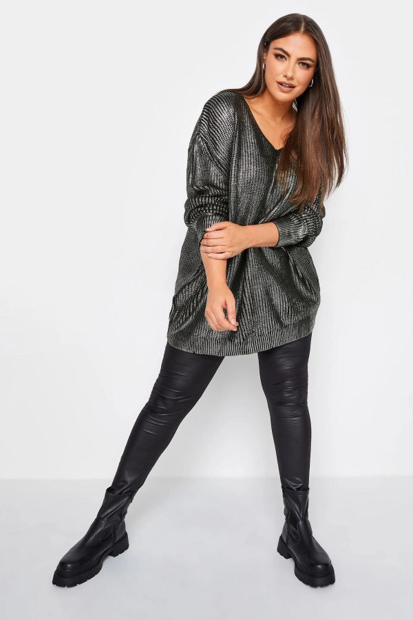 Büyük Beden V Yaka Folyo Baskılı Uzun Kollu Kazak 302321 Vervegrand