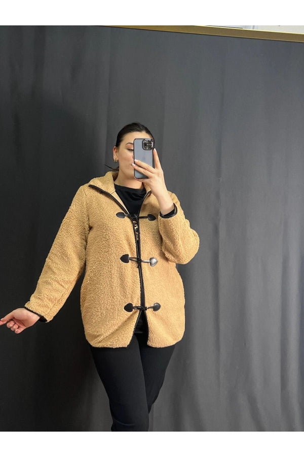 Büyük Beden Önü Kapamalı Cepli Uzun Kollu Peluş Mont 301817 Vervegrand