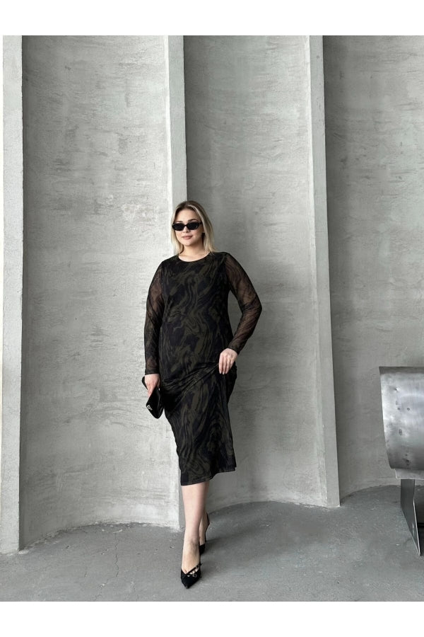 Büyük Beden Uzun Tül Kol Astarlı Mesh Midi Elbise 216292 Vervegrand