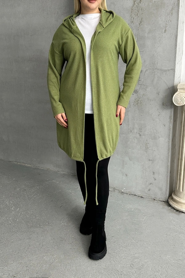 Büyük Beden Uzun Kollu Kapüşonlu Önü Kapamasız Fitilli Hırka 74-136 Vervegrand