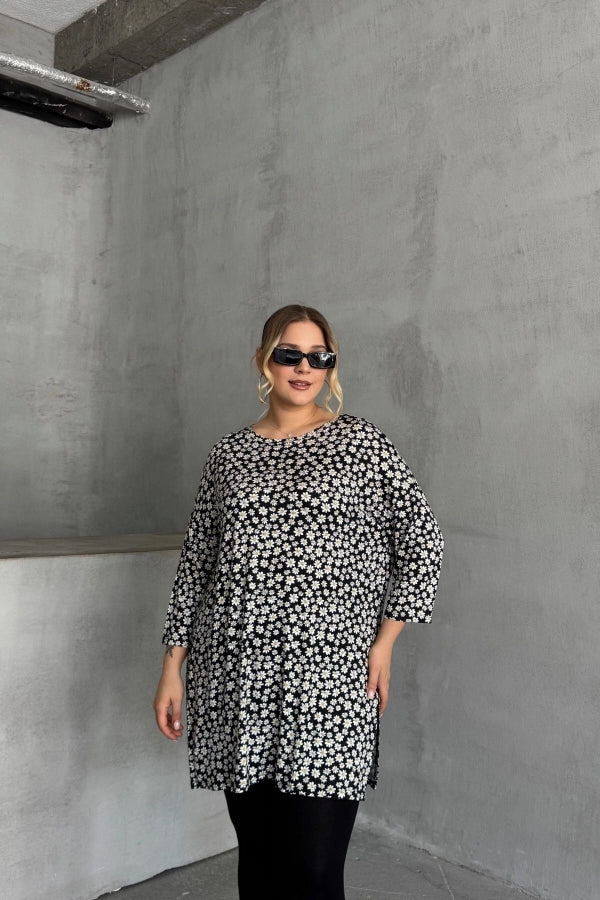 Büyük Beden Bisiklet Yaka Fakir Kol Yırtmaç Detaylı Çiçek Desenli Bluz 173292 Vervegrand