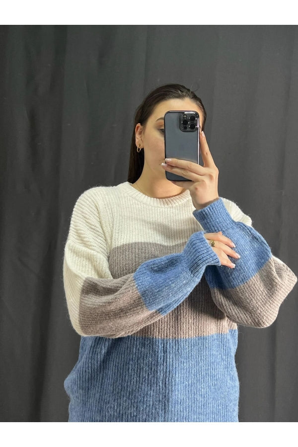 Büyük Beden Bisiklet Yaka Renk Geçişli Uzun Kollu Triko Kazak 302344 Vervegrand