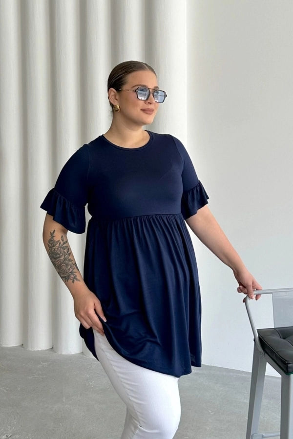 Büyük Beden Kol Detaylı Beli Lastikli Pileli Tunik T-shirt T42 Vervegrand