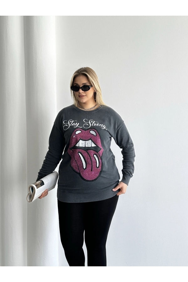 Büyük Beden Bisiklet Yaka Baskılı Pul Detaylı Yıkamalı Sweatshirt 301252 Vervegrand