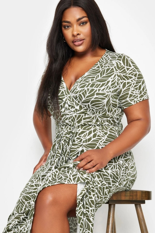 Büyük Beden V Yaka Kısa Kollu Kuşaklı Desenli Uzun Elbise 137860 Vervegrand