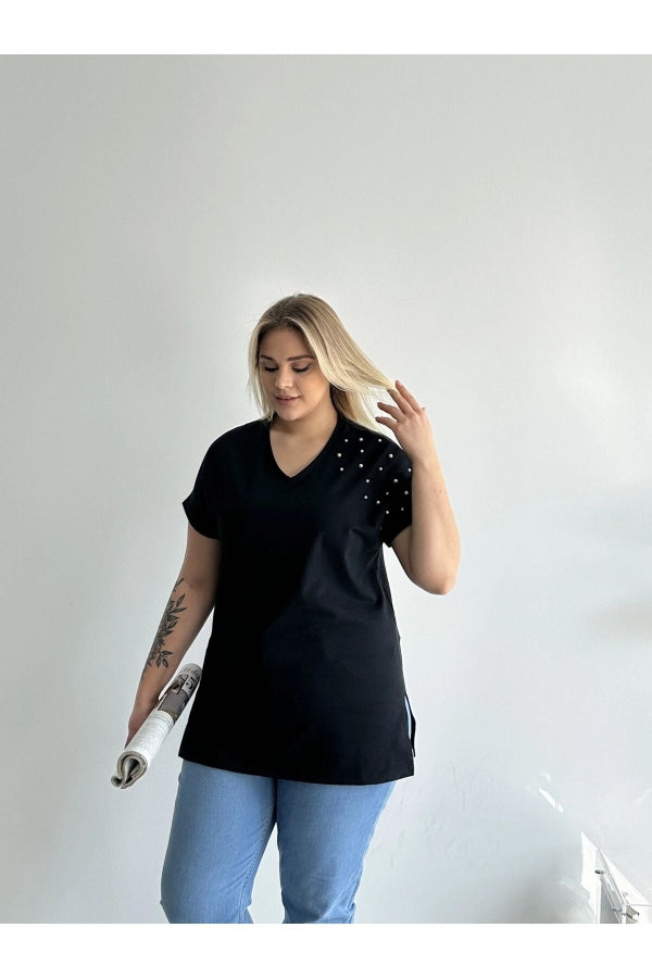 Büyük Beden Kısa Kollu V Yaka Yanları Yırtmaçlı Boncuklu Basic T-shirt RFT-04 Vervegrand