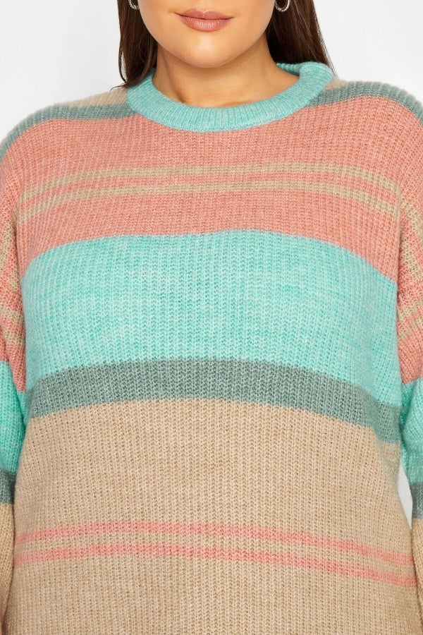 Büyük Beden Çizgili Yuvarlak Yaka Yırtmaç Detaylı Triko Kazak 301832 Vervegrand