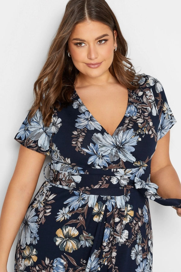 Büyük Beden V Yaka Kısa Kollu Kuşaklı Desenli Uzun Elbise 301784 Vervegrand